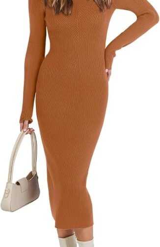 ANRABESS Women Long Sleeve Crewneck Sweater Dress Ribbed Knit Stretch Slim Fit Bodycon Midi Dresses