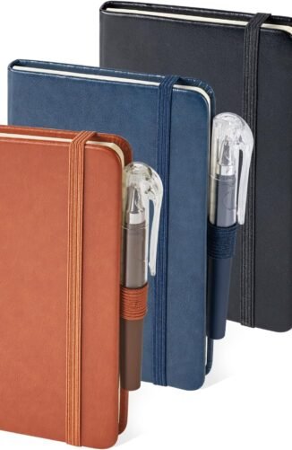 3 Pack Pocket Notebook Journals, Small Notepad Notebooks for Note Taking, A6 Mini Note pads with Pen Holder, 408 Lined Pages, 3.7" x 5.7", Black, Brown, Blue