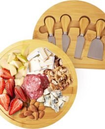 RoyalHouse Bamboo Round Cheese Board and 4 Knives Set with Slide-Out Cutlery Drawer - Charcuterie Boards Set & Cheese Platter - Ideal Anniversary, Wedding and Housewarming Gift